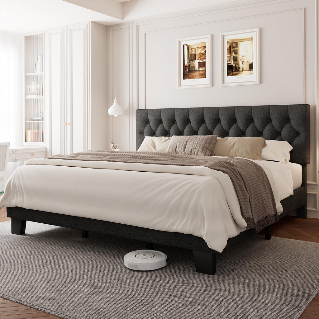 Velvet Bed Frame with Headboard, Button Tufted Upholstered Bed Base
