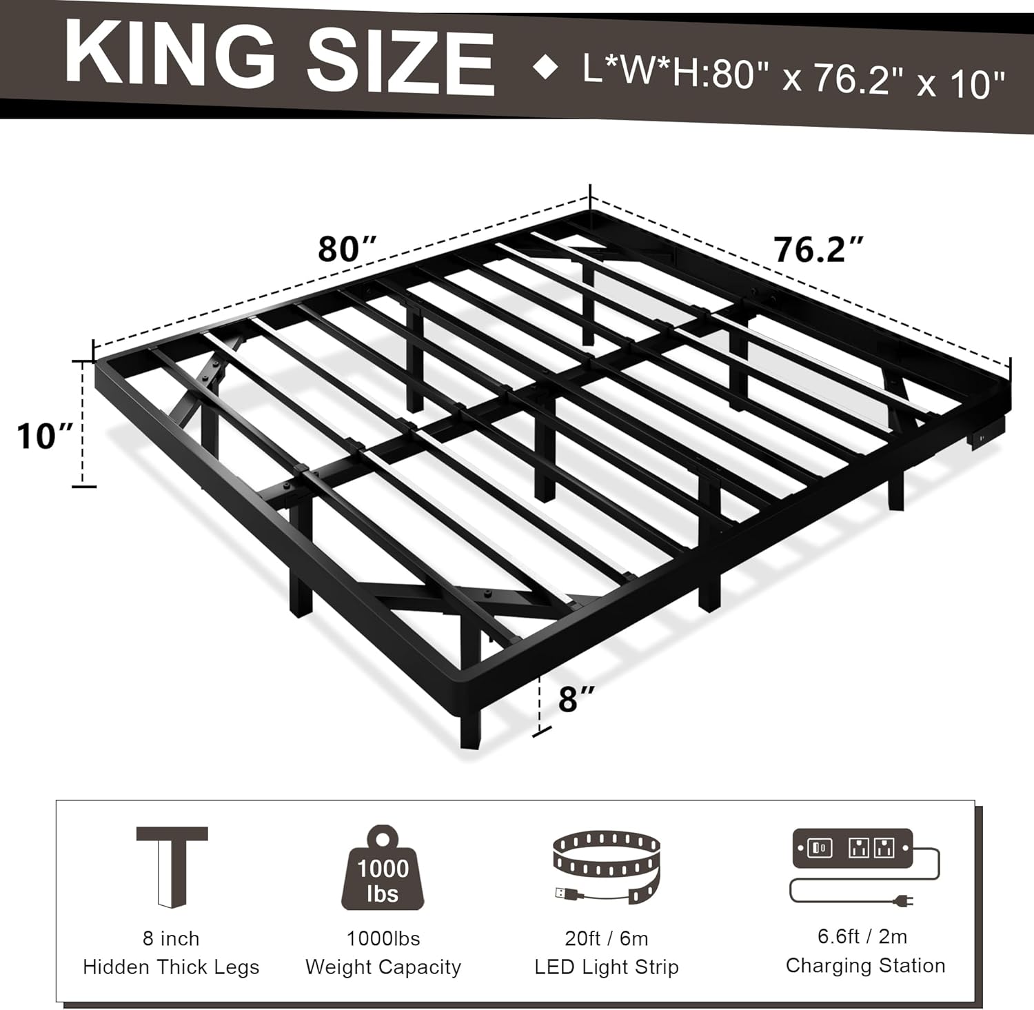 Feonase Floating Bed Frame with Charging Station and Led Lights