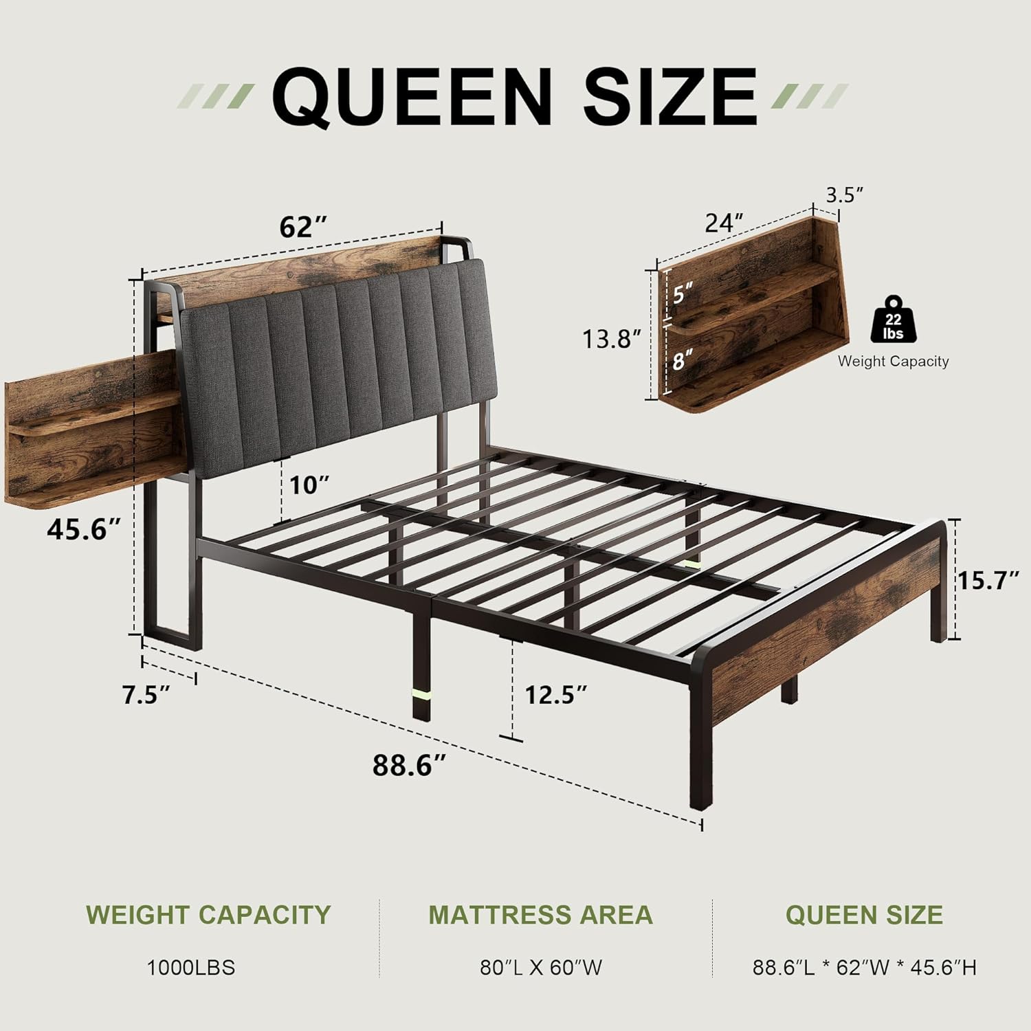 Feonase Bed Frame Metal Platform Bed Frame with 1 Hidden Storage Shelf