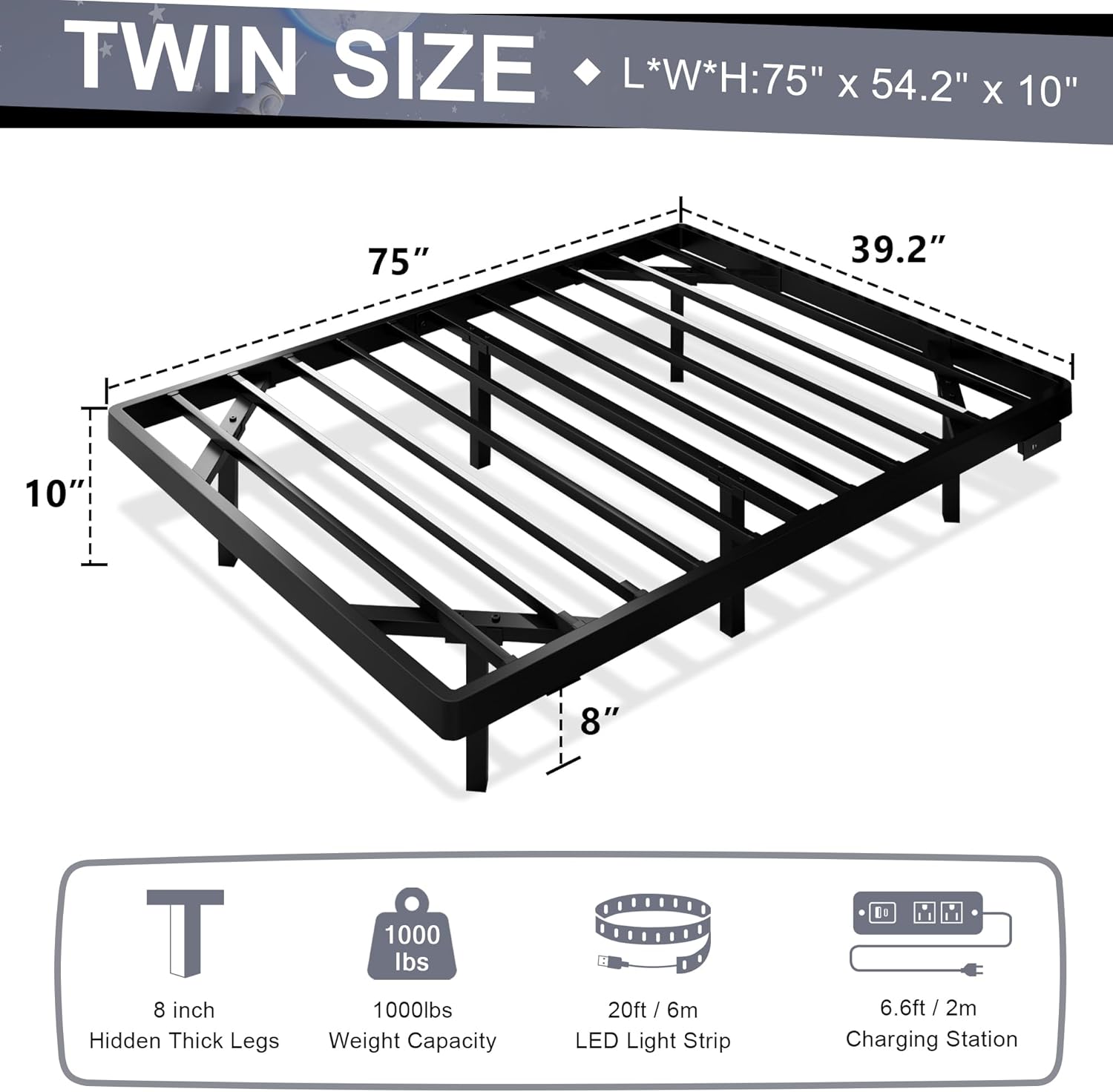 Feonase Floating Bed Frame with Charging Station and Led Lights
